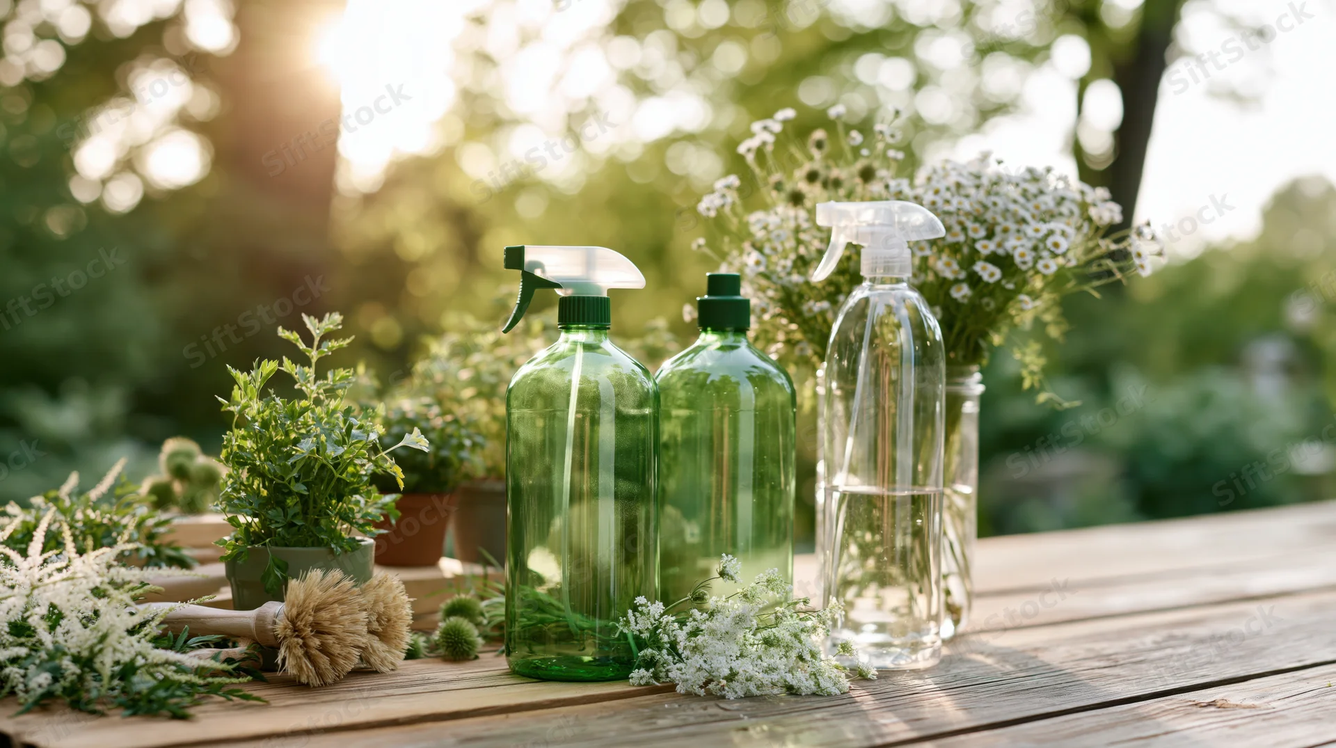 Green and clear plastic spray bottles arranged on a wooden table outdoors with fresh herbs and white flowers in sunlight
