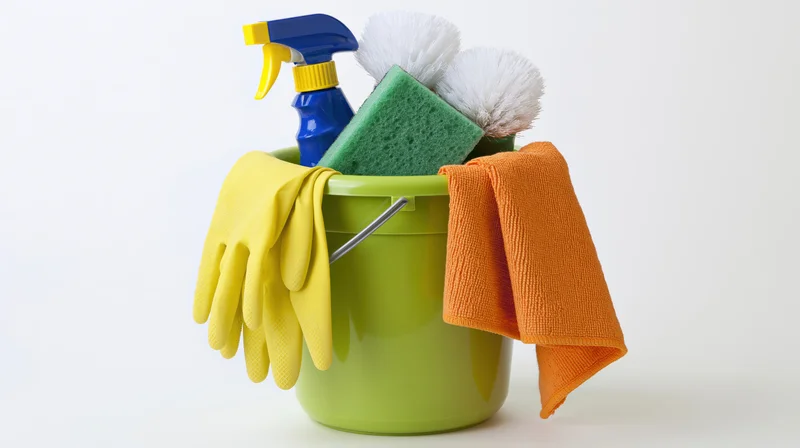 Green plastic bucket filled with cleaning supplies including gloves, sponge, brushes, cloth, and spray bottle, arranged for household chores