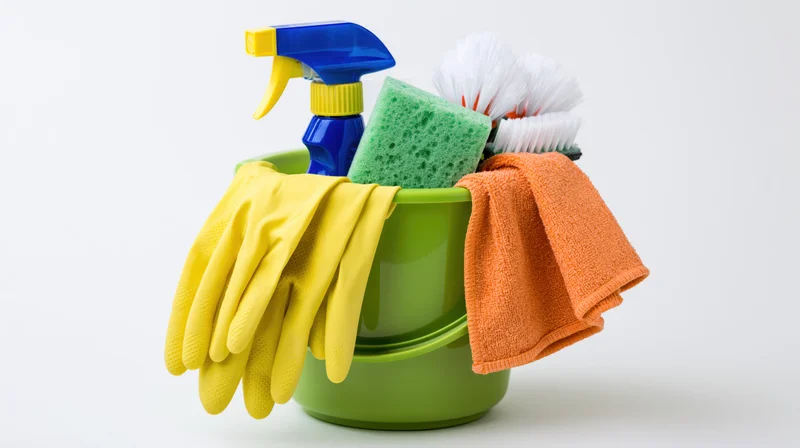 Green plastic bucket filled with cleaning supplies including gloves, sponge, spray bottle, brushes, and towel on white background