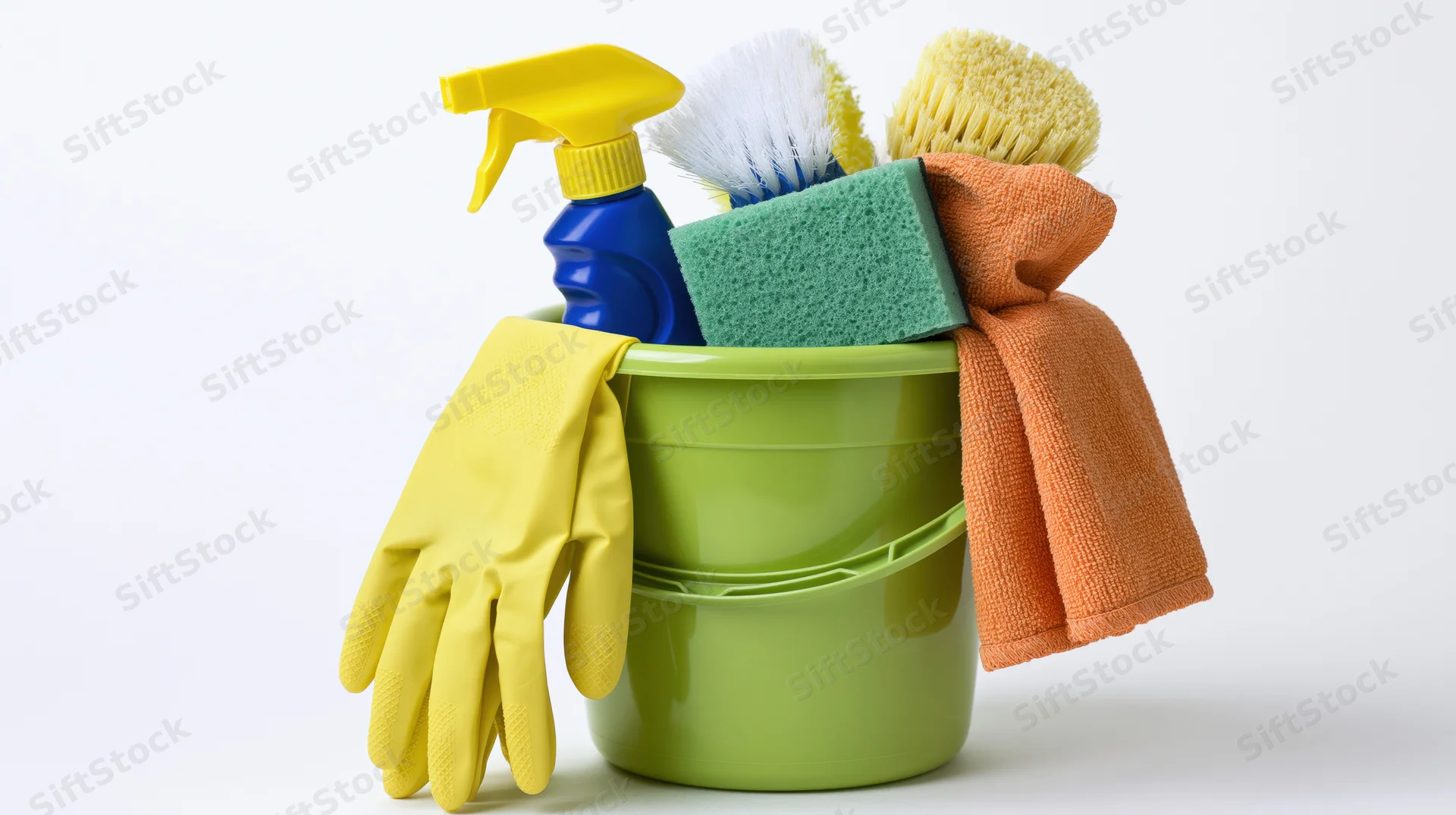 Green plastic bucket filled with cleaning supplies including gloves, sponge, brushes, cloth, and spray bottle on white background