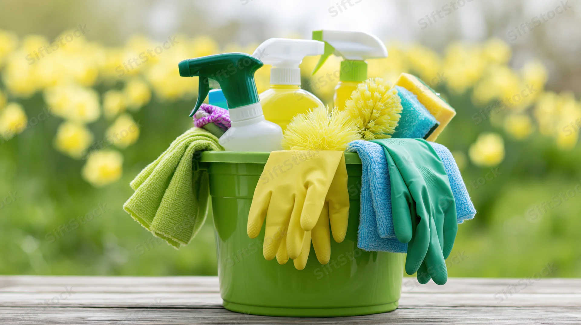 Green plastic bucket filled with cleaning supplies and gloves on wooden table outdoors with daffodils in background