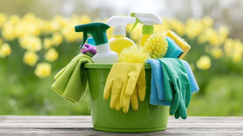 Green plastic bucket filled with cleaning supplies and gloves on wooden table outdoors with daffodils in background