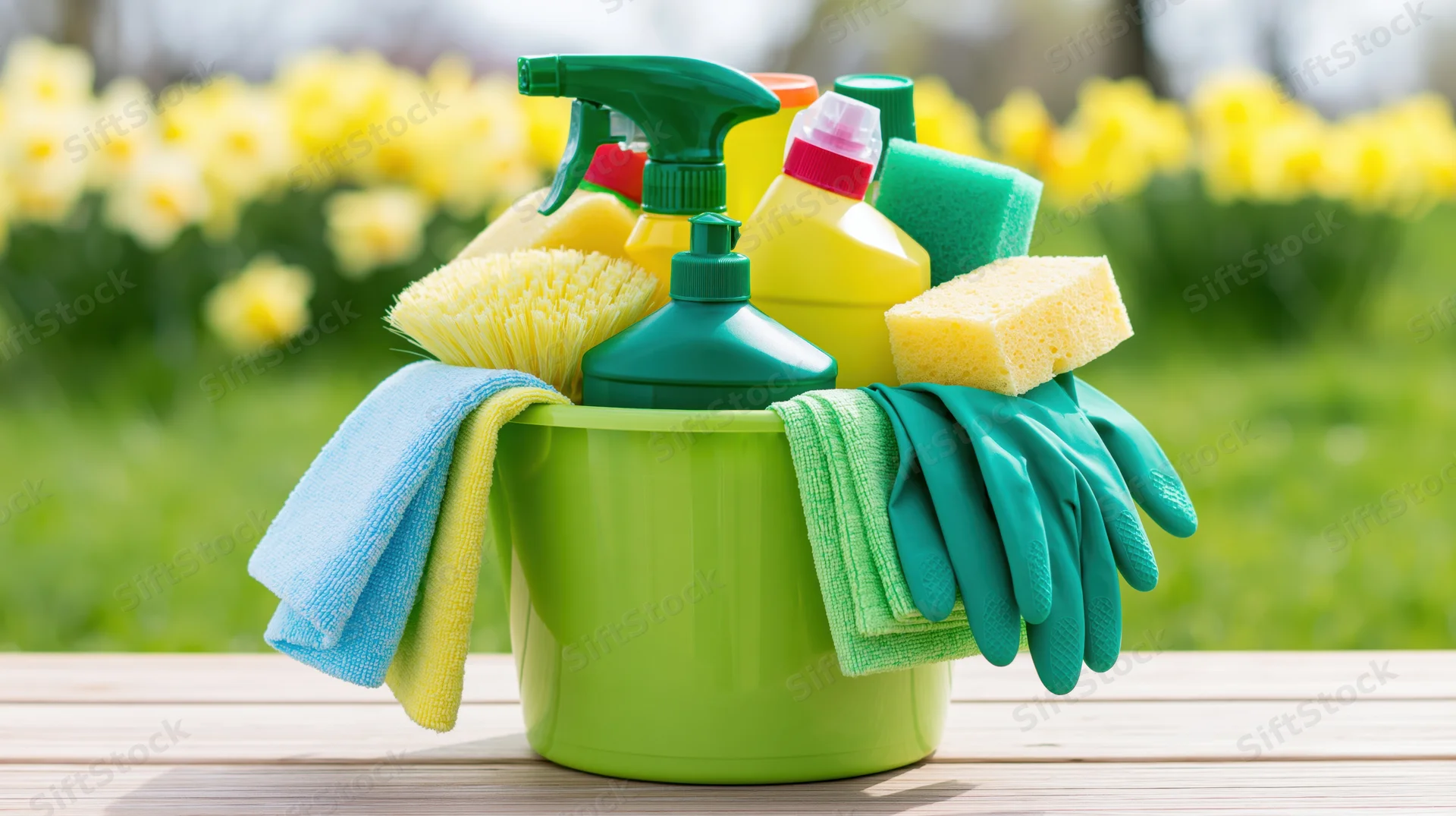 Green plastic bucket filled with cleaning supplies including spray bottles, gloves, sponges and brushes on a wooden table outdoors with daffodils in the background