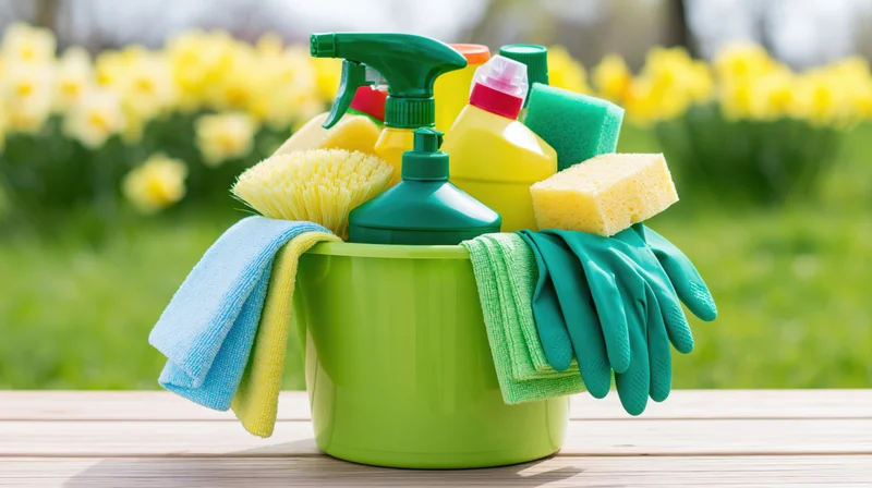 Green plastic bucket filled with cleaning supplies including spray bottles, gloves, sponges and brushes on a wooden table outdoors with daffodils in the background