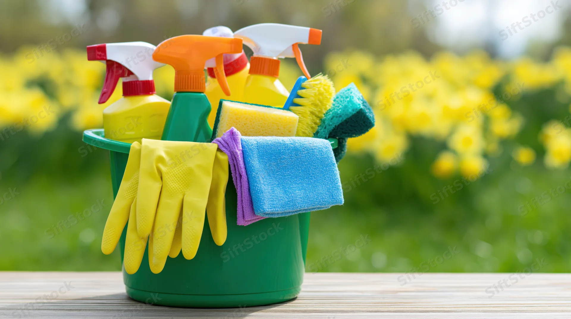 Green plastic bucket filled with cleaning supplies including spray bottles, sponges, brushes, and rubber gloves on wooden table outdoors with blurred yellow flowers in background