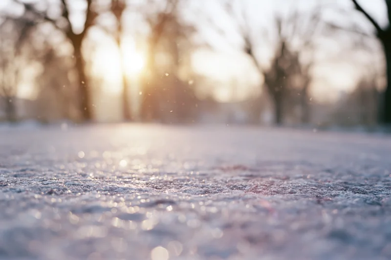 Frost-covered ground at sunrise with sunlit trees in soft focus background
