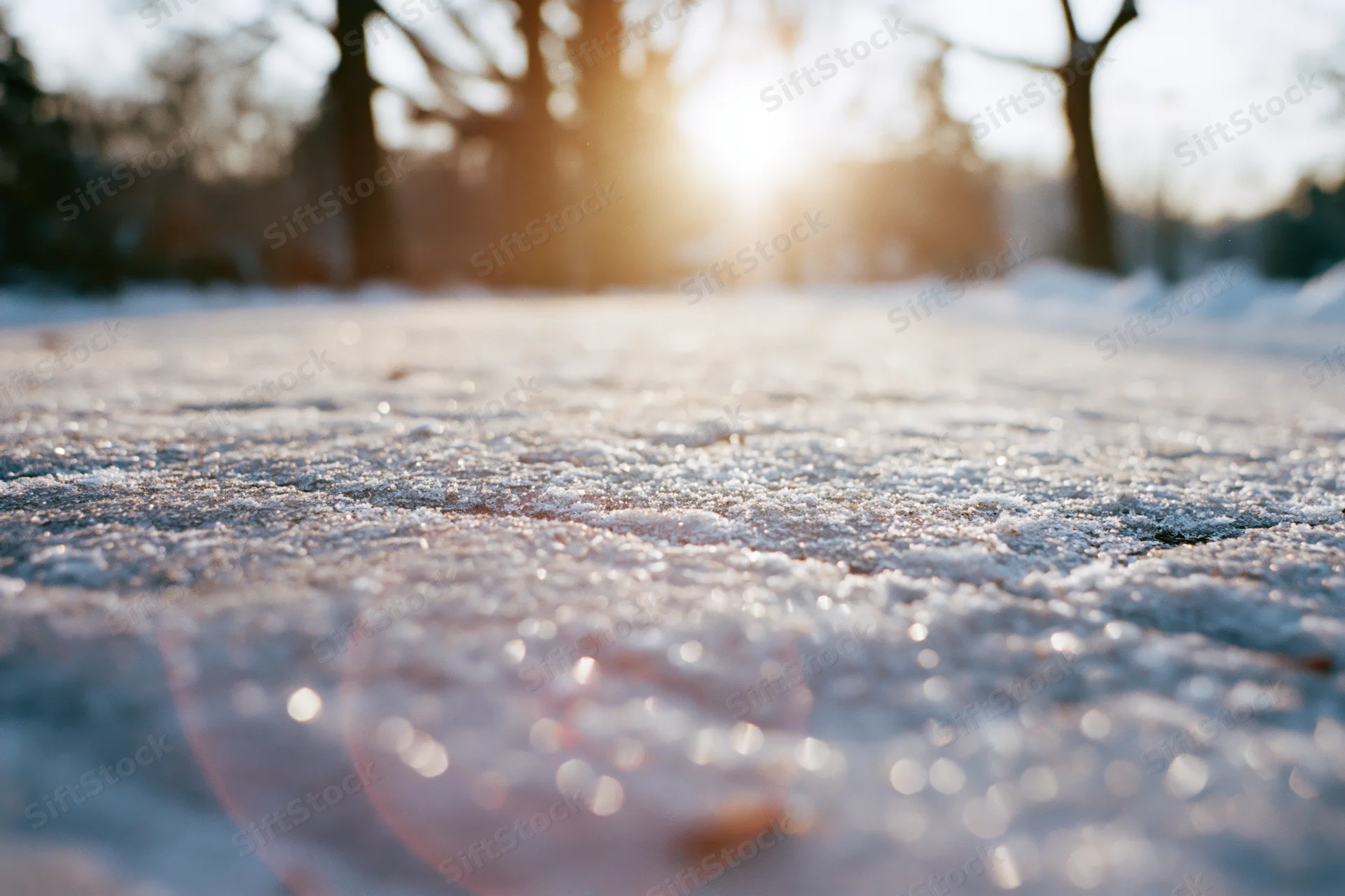 Frost-covered ground in winter sunlight with trees in background