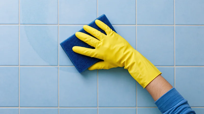 Hand in yellow rubber glove scrubbing blue tiled wall with sponge