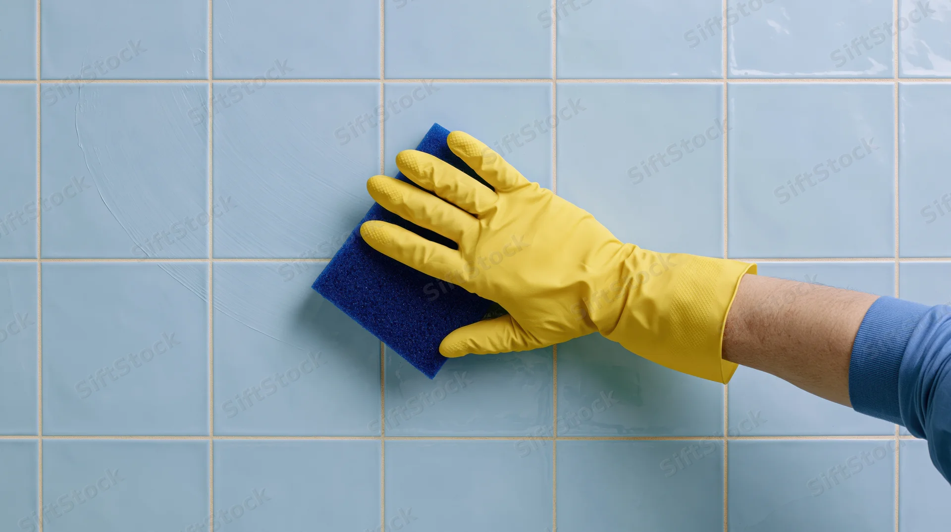 Hand in yellow rubber glove scrubbing light blue tiled wall with blue sponge