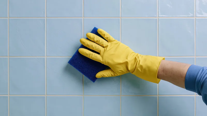 Hand in yellow rubber glove scrubbing light blue tiled wall with blue sponge
