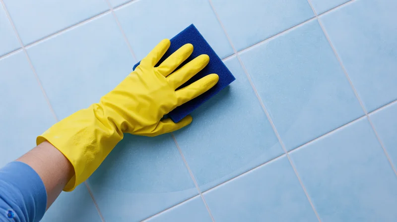 Hand in yellow rubber glove scrubbing light blue tiled floor with blue sponge