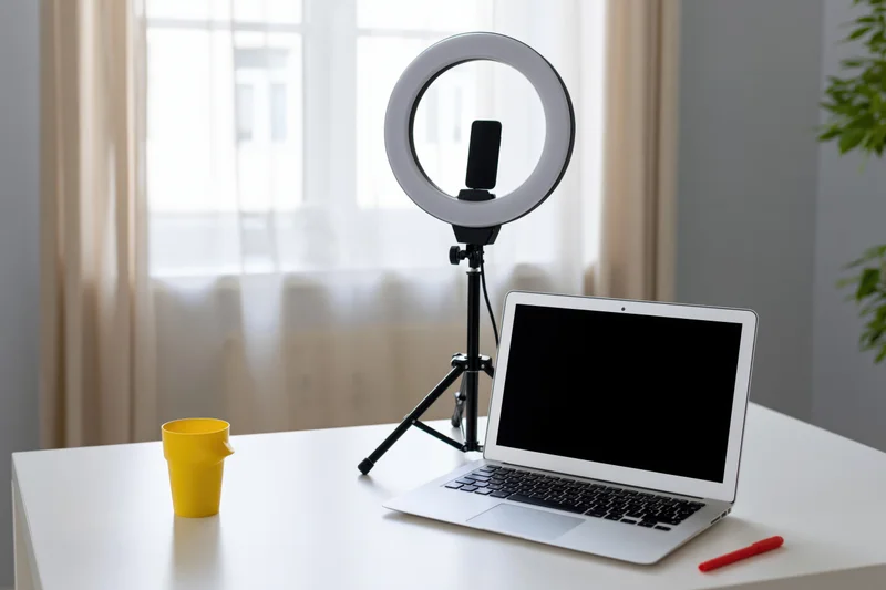Open laptop with ringlight and microphone on white desk in home office setup