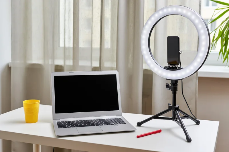 Laptop with ringlight and smartphone on tripod on a desk in a home office setup