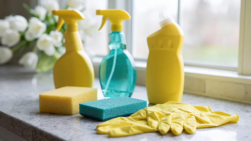 Household cleaning supplies arranged on a countertop near a window with flowers