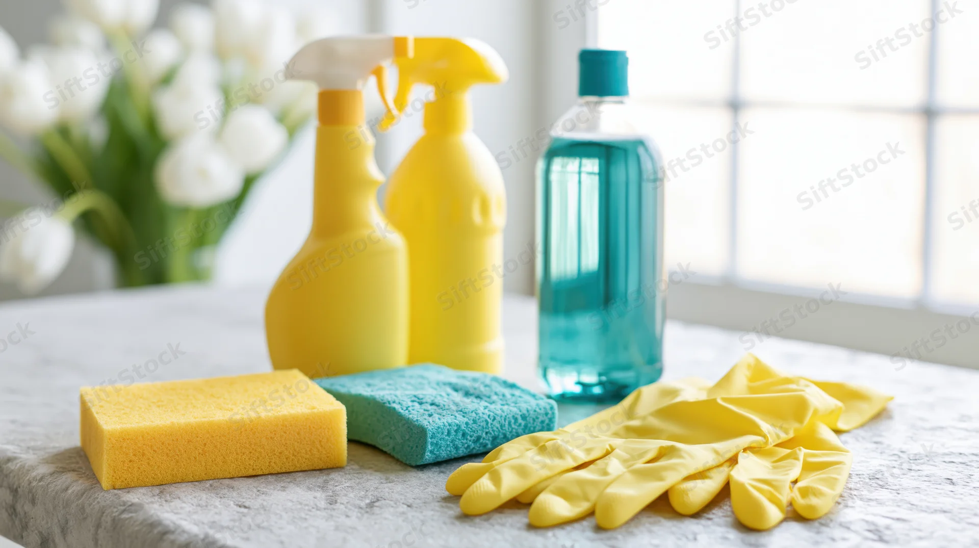 Household cleaning supplies arranged on a countertop near a window with white tulips in the background