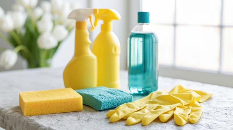 Household cleaning supplies arranged on a countertop near a window with white tulips in the background