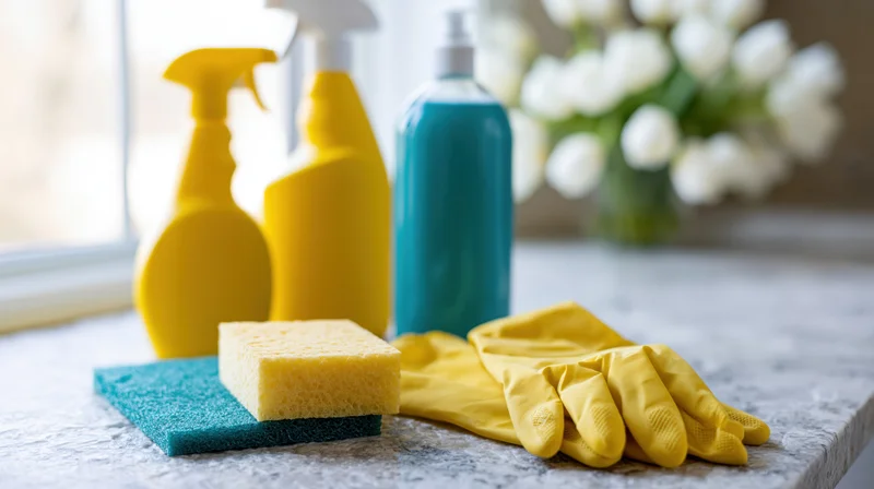 Cleaning supplies arranged on a countertop near a window with flowers in the background