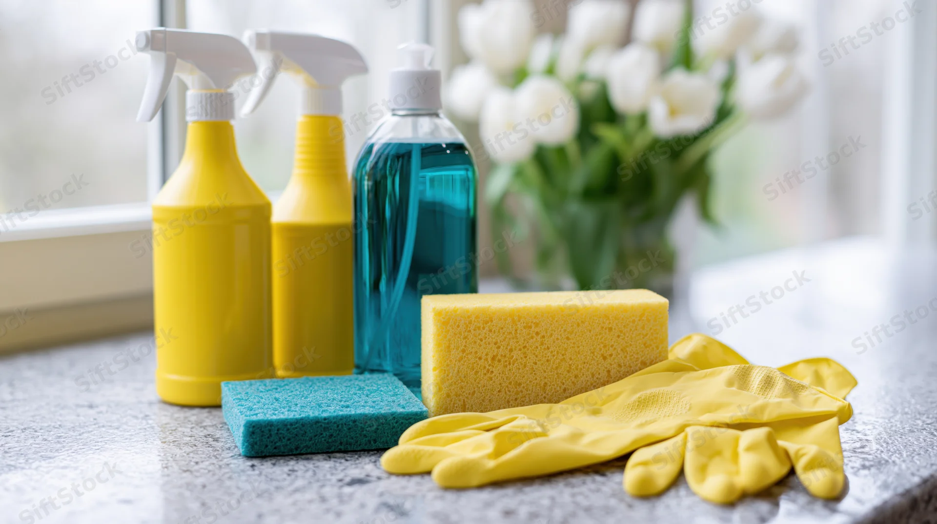 Household cleaning supplies arranged on a countertop near a window with flowers