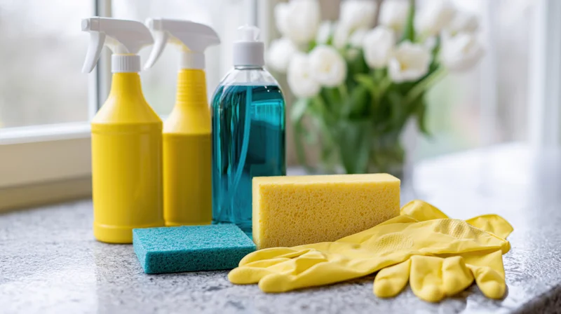 Household cleaning supplies arranged on a countertop near a window with flowers
