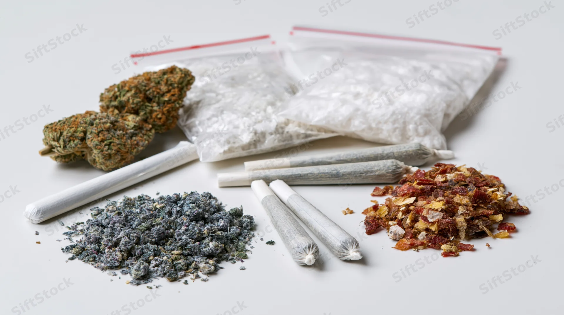 Various forms of cannabis and drug paraphernalia arranged on a white surface