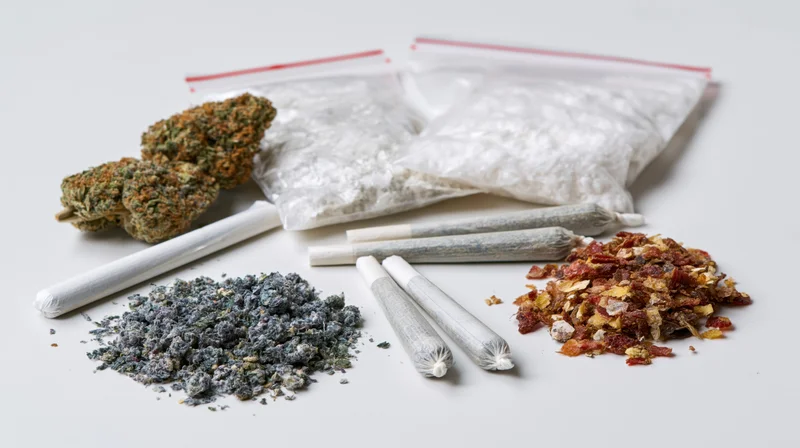 Various forms of cannabis and drug paraphernalia arranged on a white surface