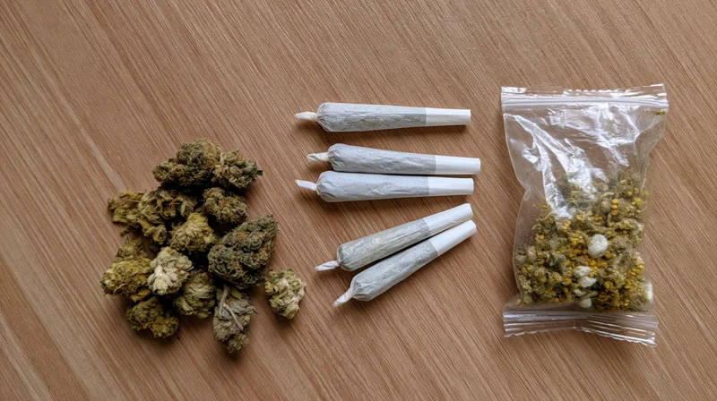 Cannabis buds and pre-rolled joints arranged on a wooden surface with a plastic bag of dried herb