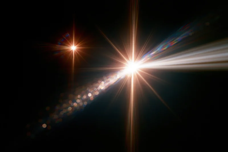Intense lens flare burst from a bright point light source in dark space