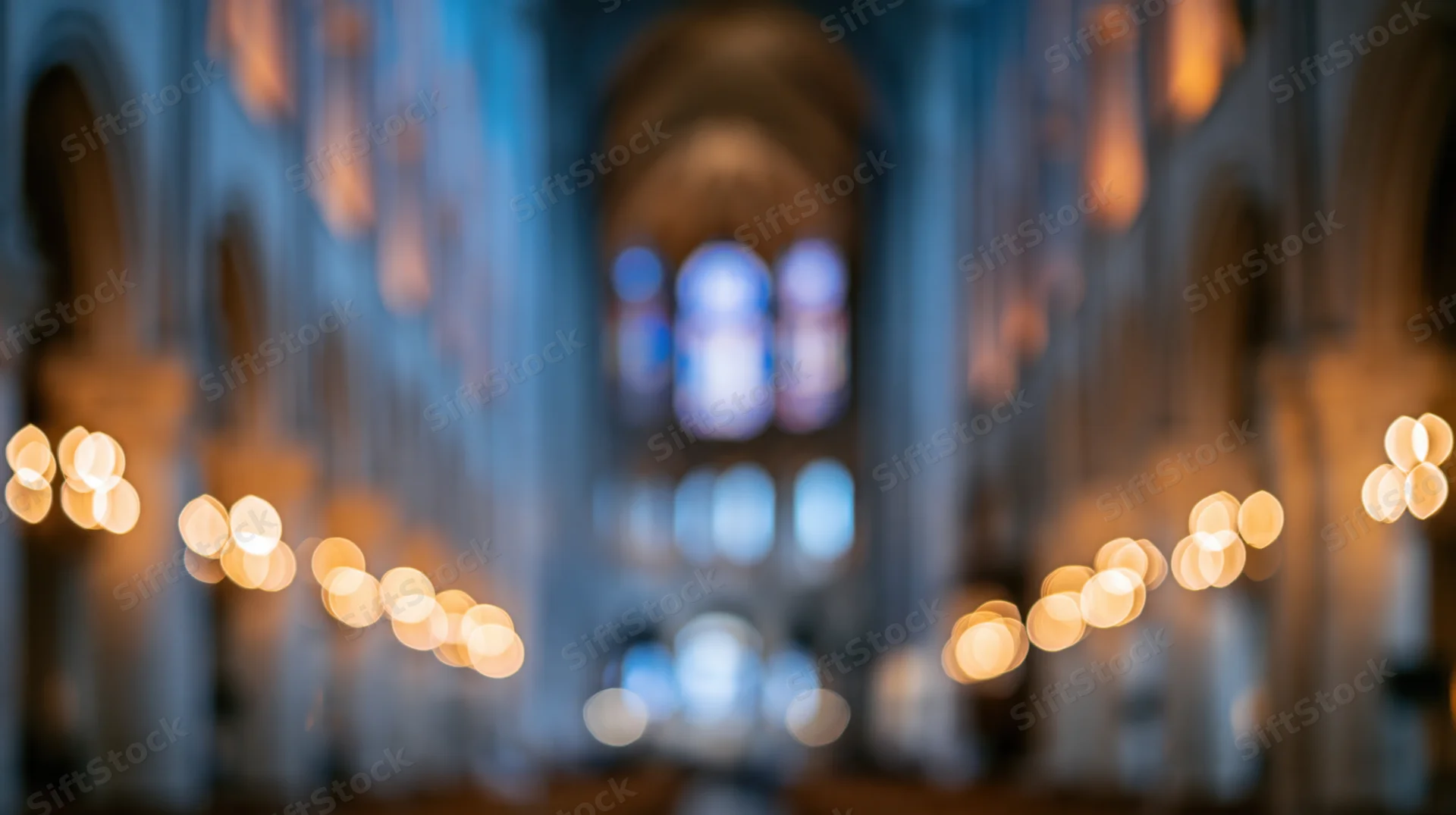 Defocused interior of a grand cathedral nave with warm bokeh lights and stone arches