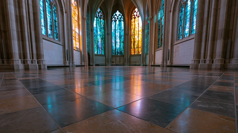 Empty gothic cathedral nave with tiled floor and stained glass windows reflecting light