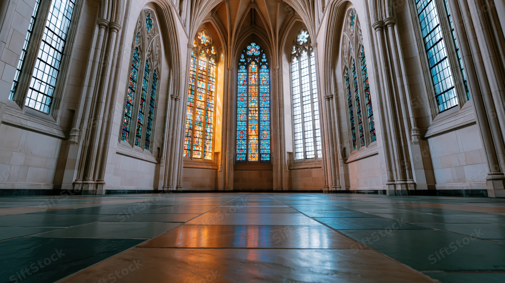 Empty gothic cathedral nave with tall arched stained glass windows and reflective tiled floor