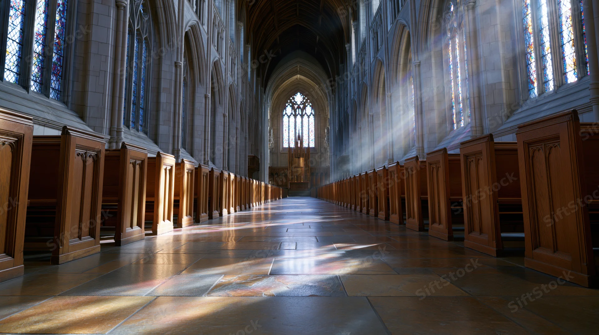 Gothic cathedral nave with wooden pews lining stone floor under stained glass windows and sunlight beams
