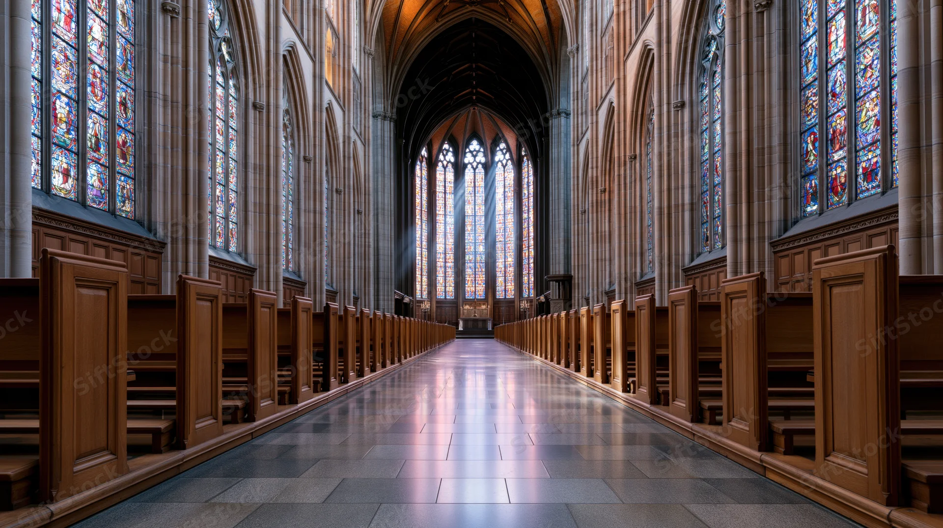 Empty wooden pews lining the nave of a gothic cathedral interior with stained glass windows and vaulted stone ceiling