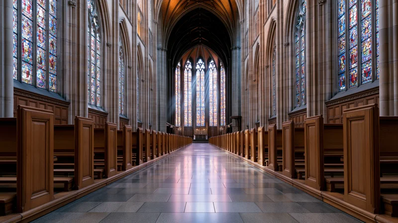 Empty wooden pews lining the nave of a gothic cathedral interior with stained glass windows and vaulted stone ceiling