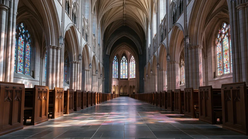 Interior of a gothic cathedral nave pews lining aisles