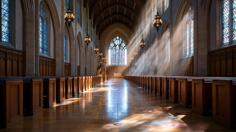 Interior of Gothic cathedral nave empty pews lining aisle
