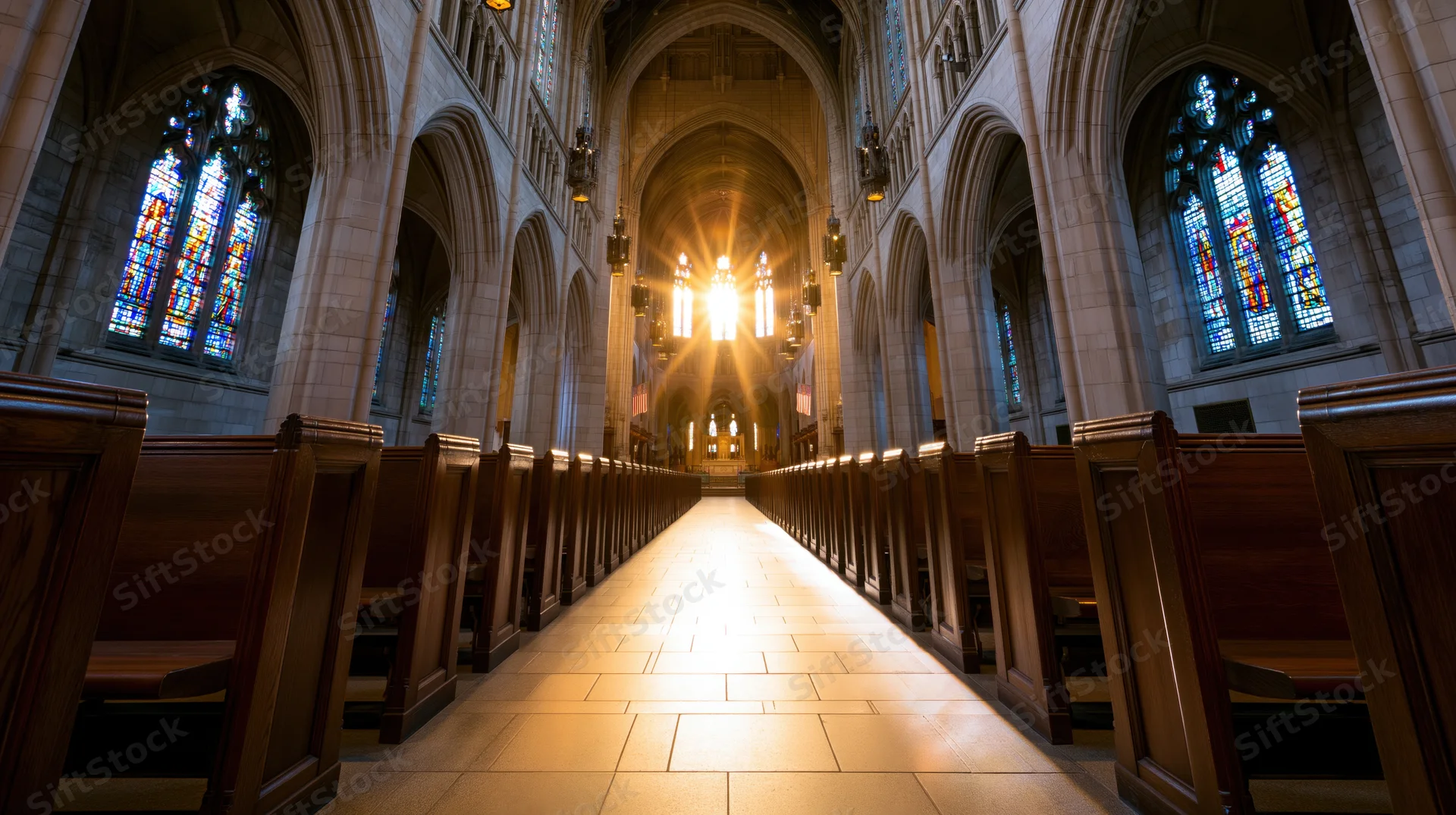 Gothic cathedral nave with sunlight streaming through stained glass toward the altar