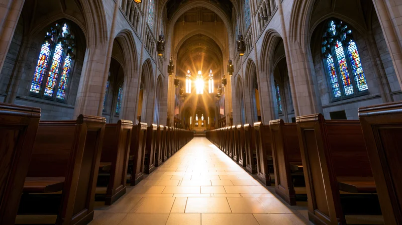 Gothic cathedral nave with sunlight streaming through stained glass toward the altar