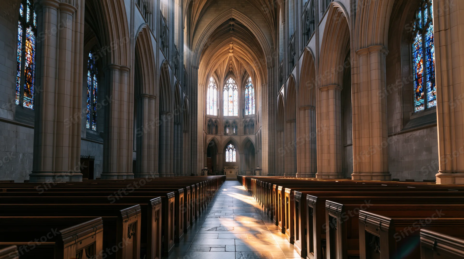 Gothic cathedral nave with wooden pews and stained glass windows leading to altar