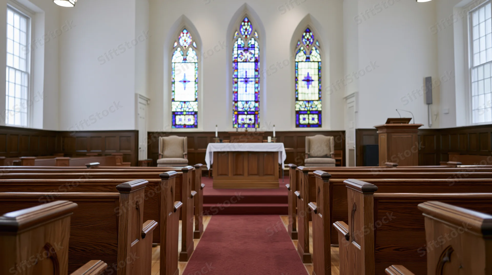 Empty wooden pews leading to altar in protestant church sanctuary with stained glass windows