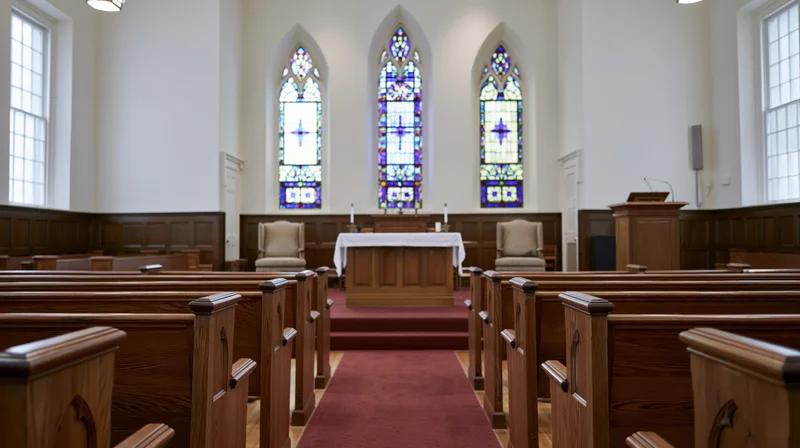 Empty wooden pews leading to altar in protestant church sanctuary with stained glass windows
