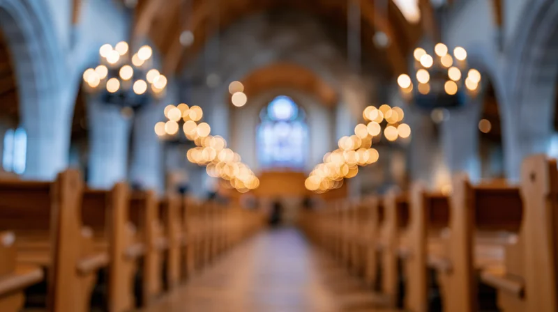 Blurred view of church nave aisle with wooden pews and hanging lights leading to stained glass window