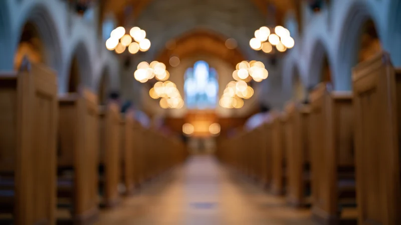 Central aisle of a church nave lined with wooden pews leading to a stained glass window at the altar