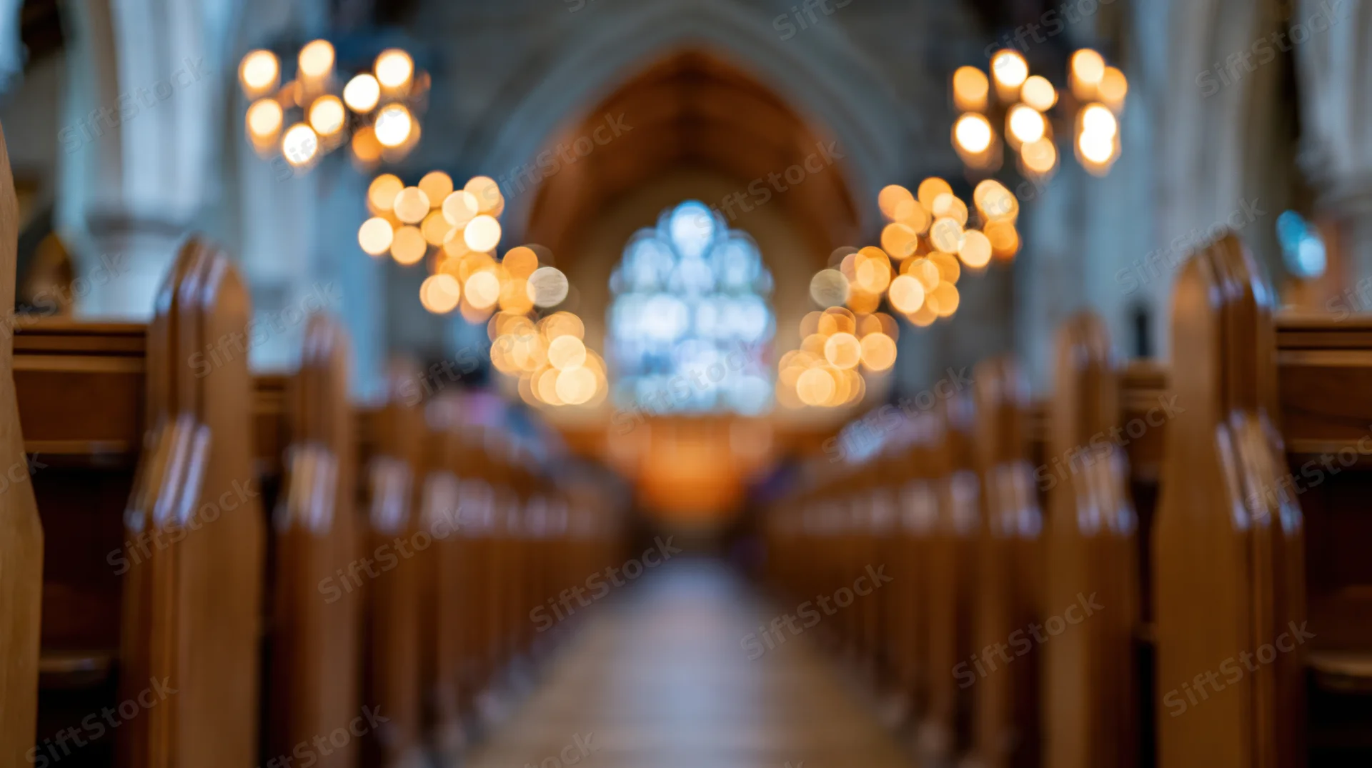 Wooden pews lining a central aisle in a church nave with warm bokeh lights and a stained glass window at the far end