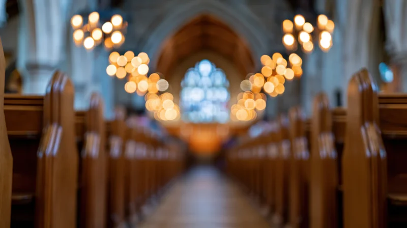 Wooden pews lining a central aisle in a church nave with warm bokeh lights and a stained glass window at the far end