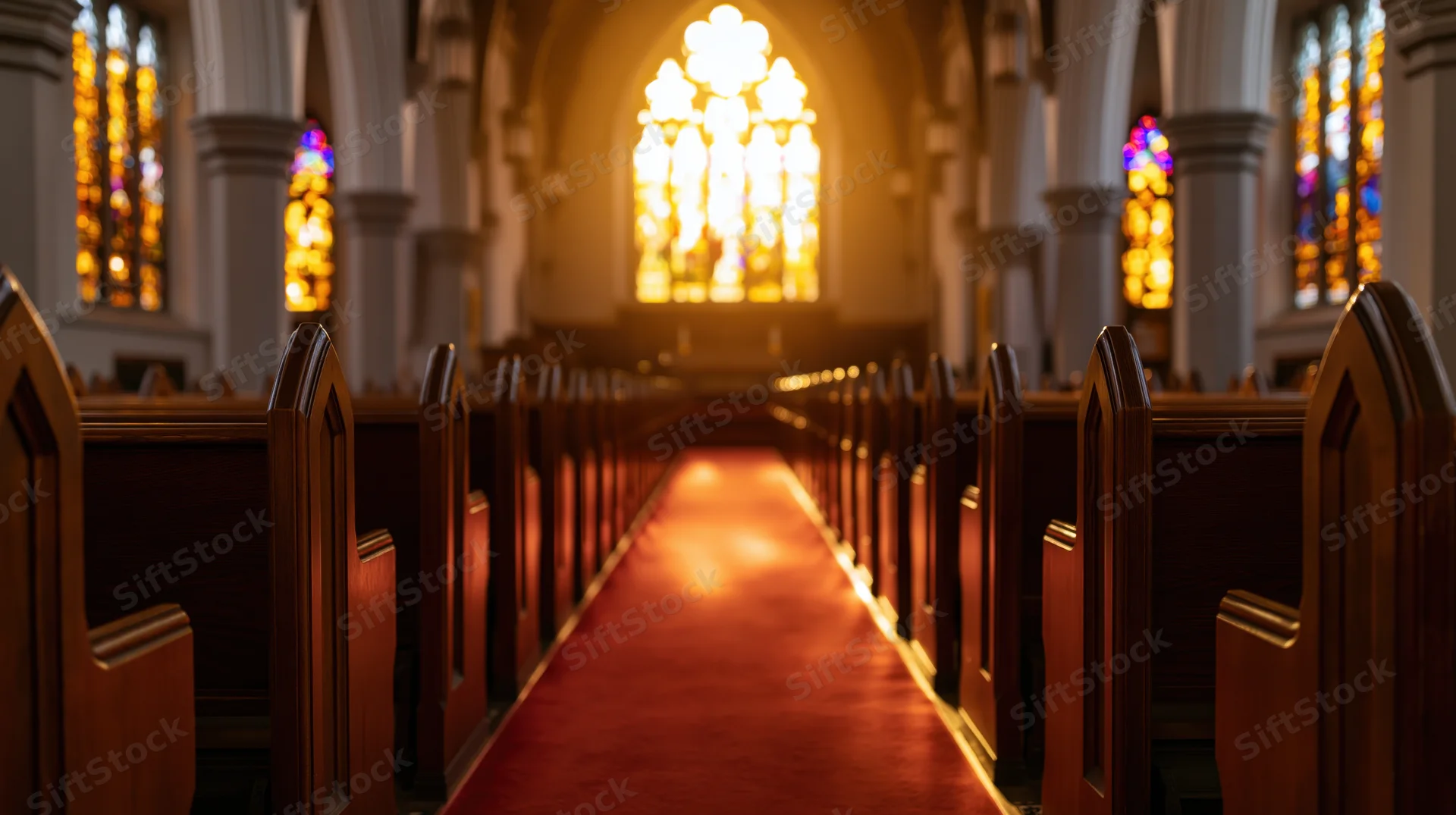 Gothic church nave with wooden pews and red carpet leading to altar lit by stained glass windows