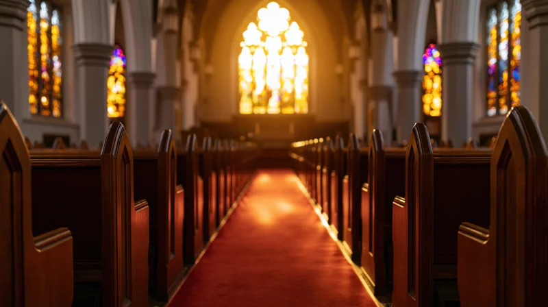 Gothic church nave with wooden pews and red carpet leading to altar lit by stained glass windows