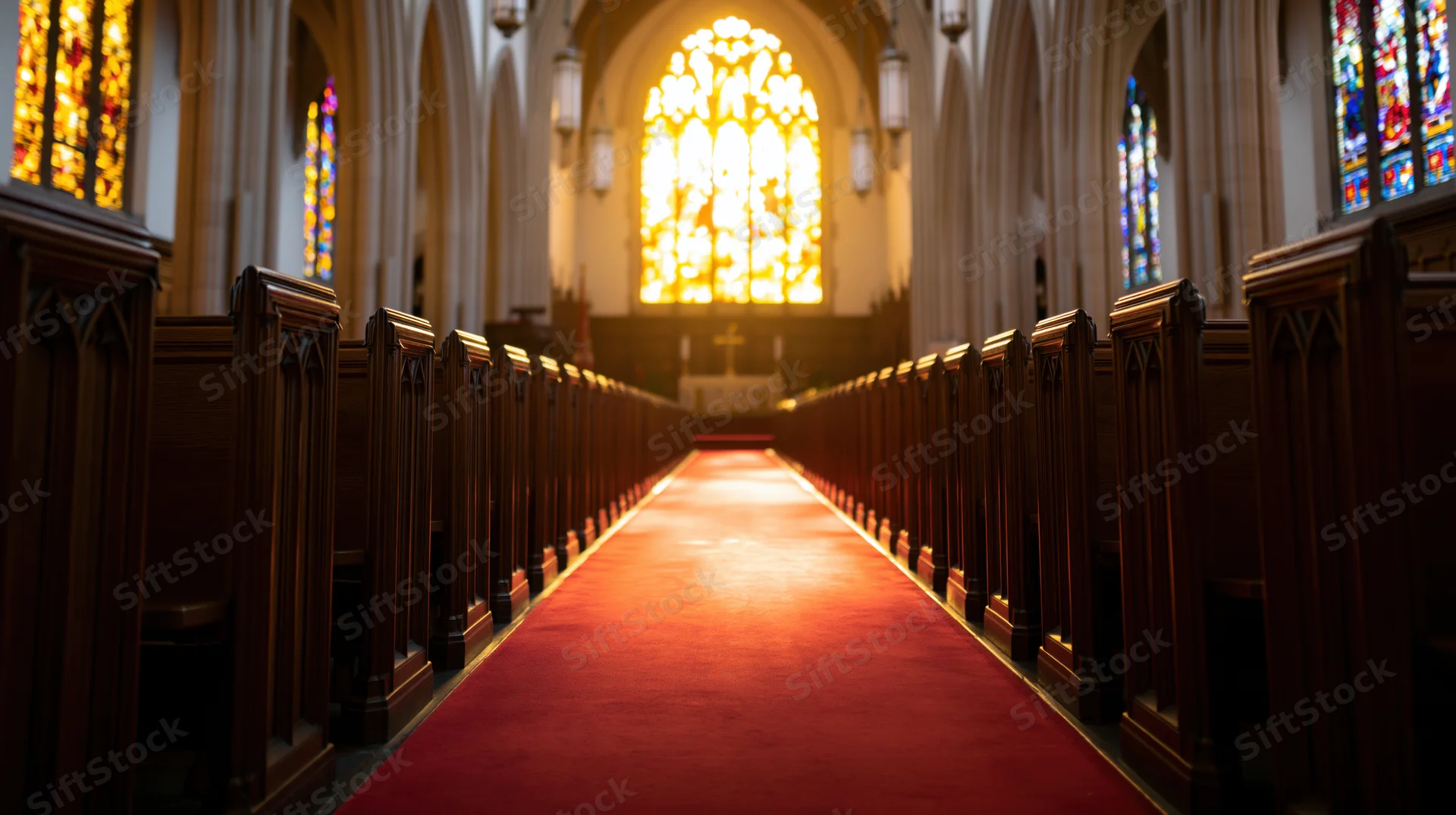 Gothic church nave with red carpet aisle leading to altar and stained glass window