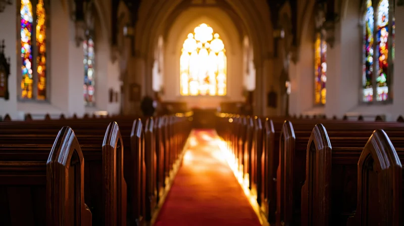 Interior of a gothic church nave looking toward the altar row