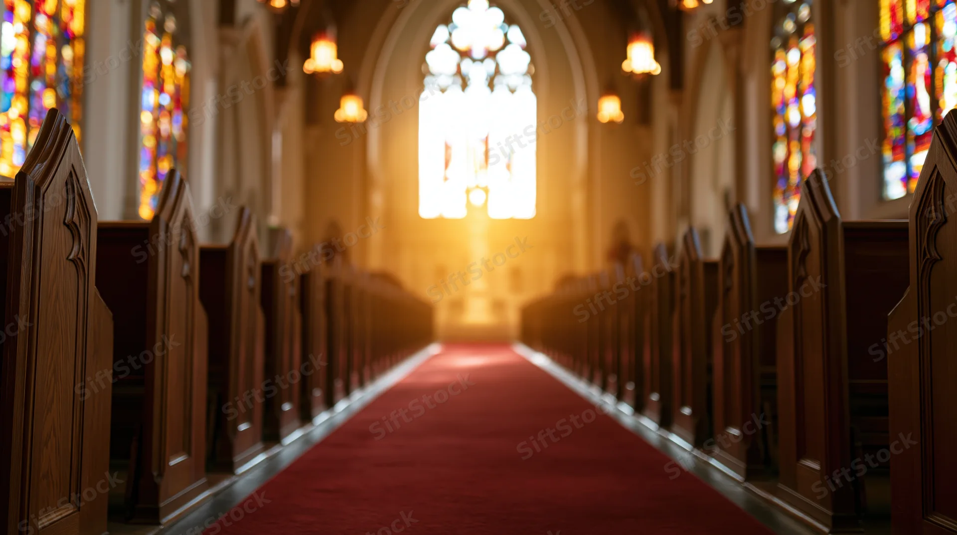 Gothic church nave aisle lined with wooden pews leading to altar with stained glass windows and warm light