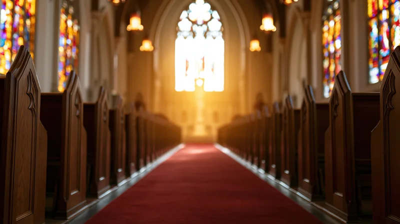 Gothic church nave aisle lined with wooden pews leading to altar with stained glass windows and warm light